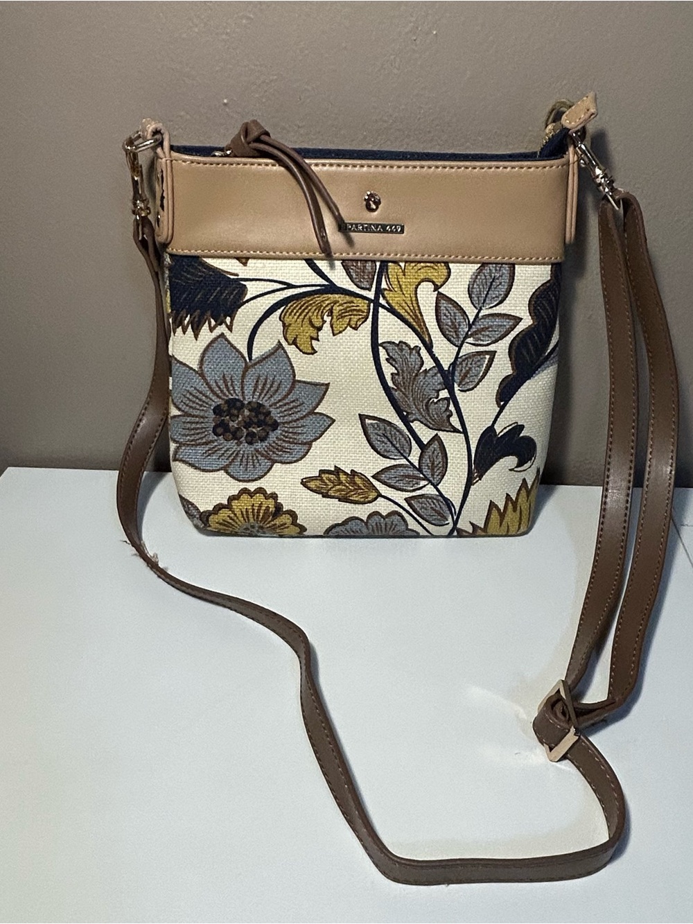 Spartina 449 Crossbody Bag Yemaya Pattern Brown Gold Floral Boho EUC